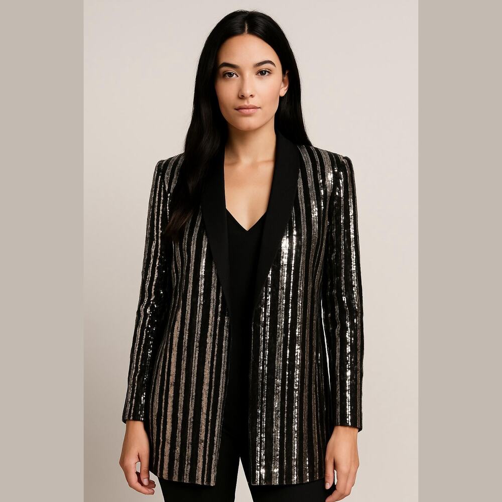 Weavz Black Silver Sequin Cocktail Party Dressy Holiday New Year Open Jacket S